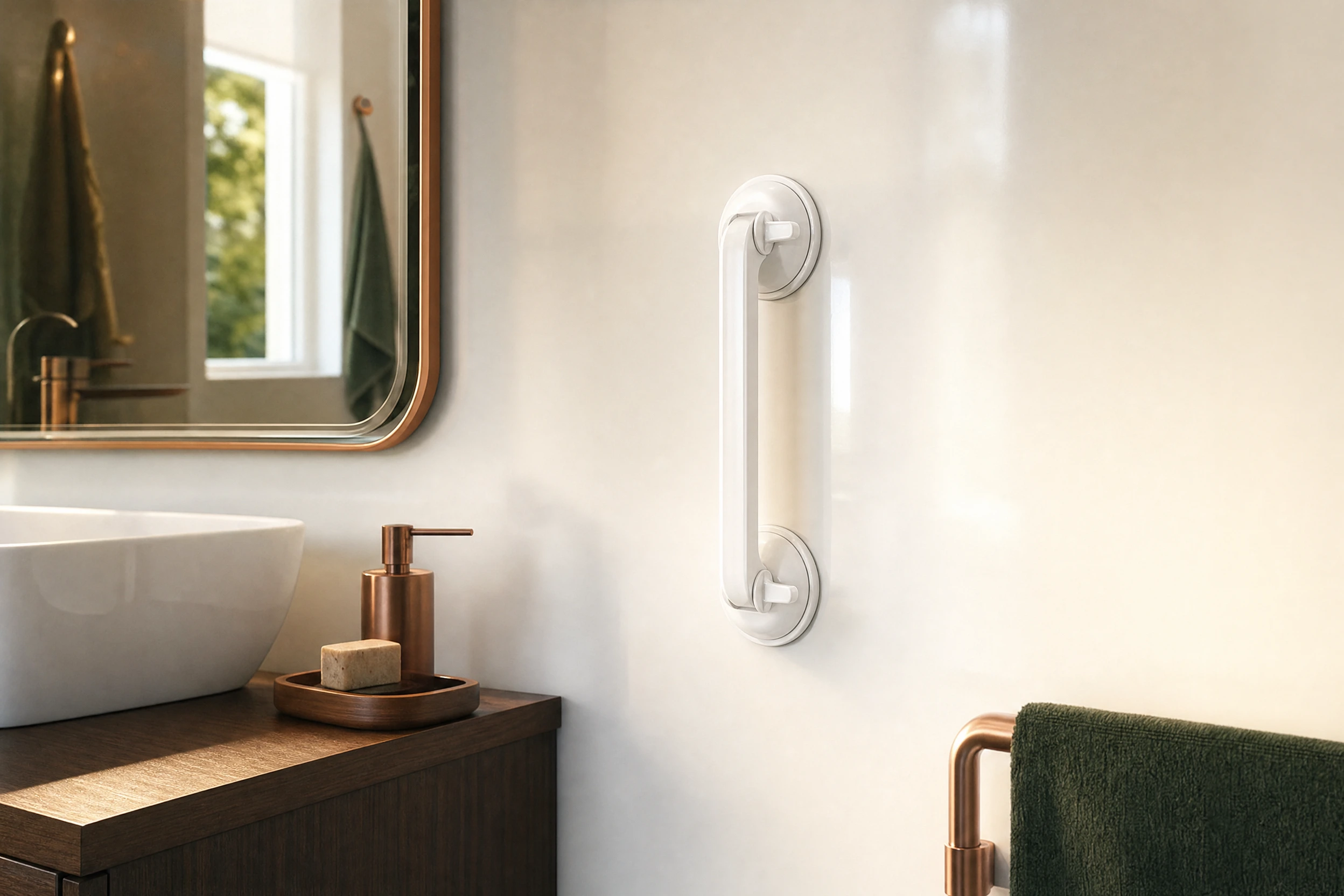 Illustrative suction-handle scene on a smooth bathroom surface