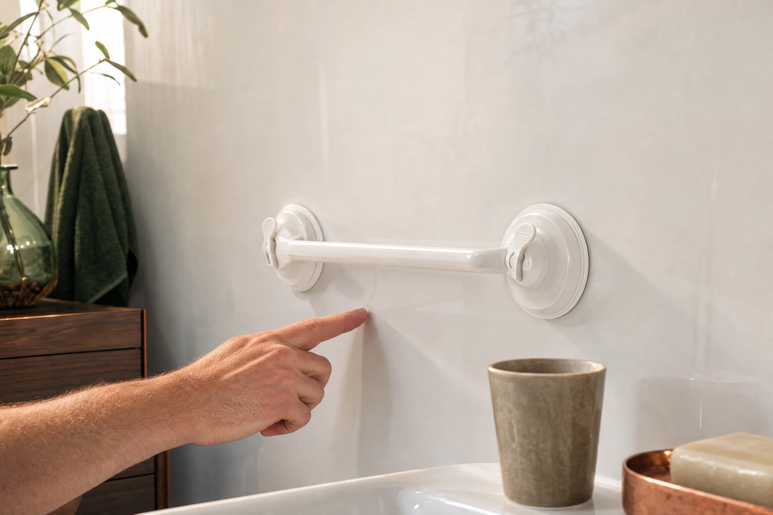 Illustrative suction-handle scene on a smooth bathroom surface