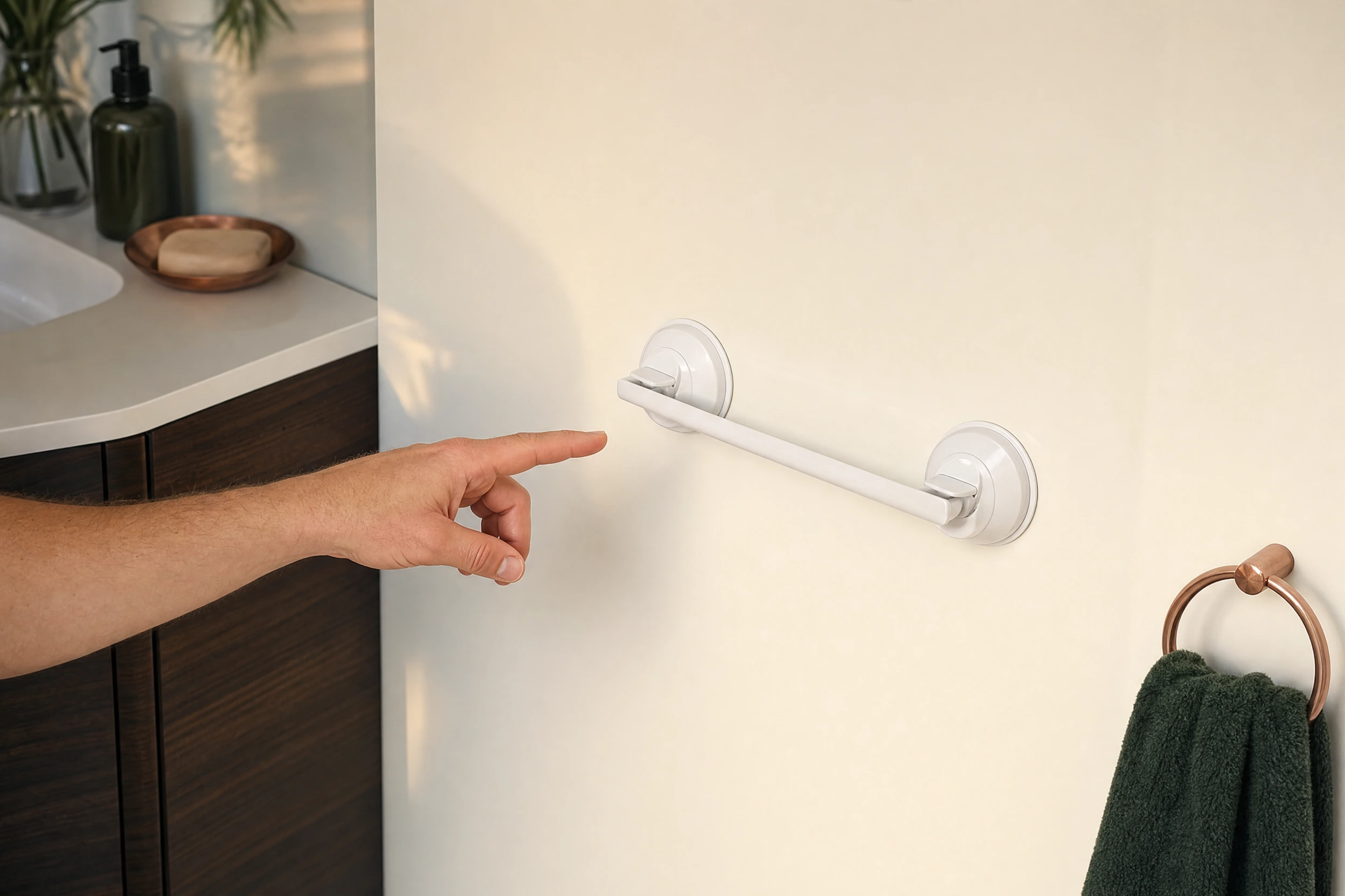 Illustrative suction-handle scene on a smooth bathroom surface