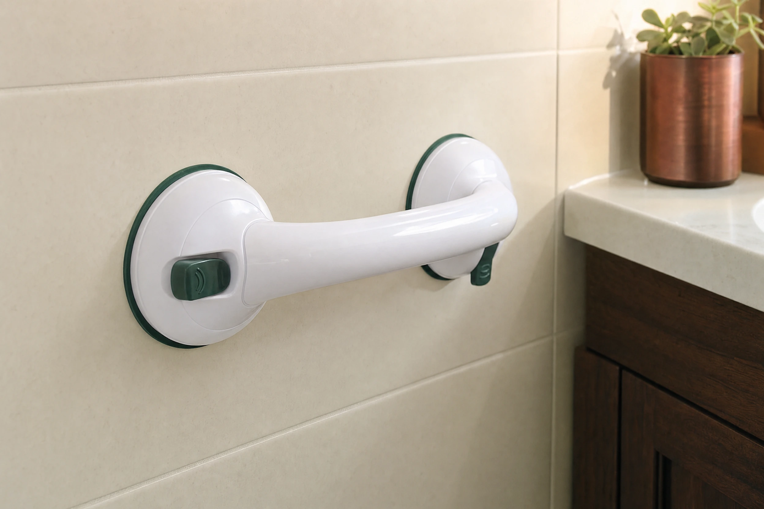 Illustrative suction-handle scene on a smooth bathroom surface