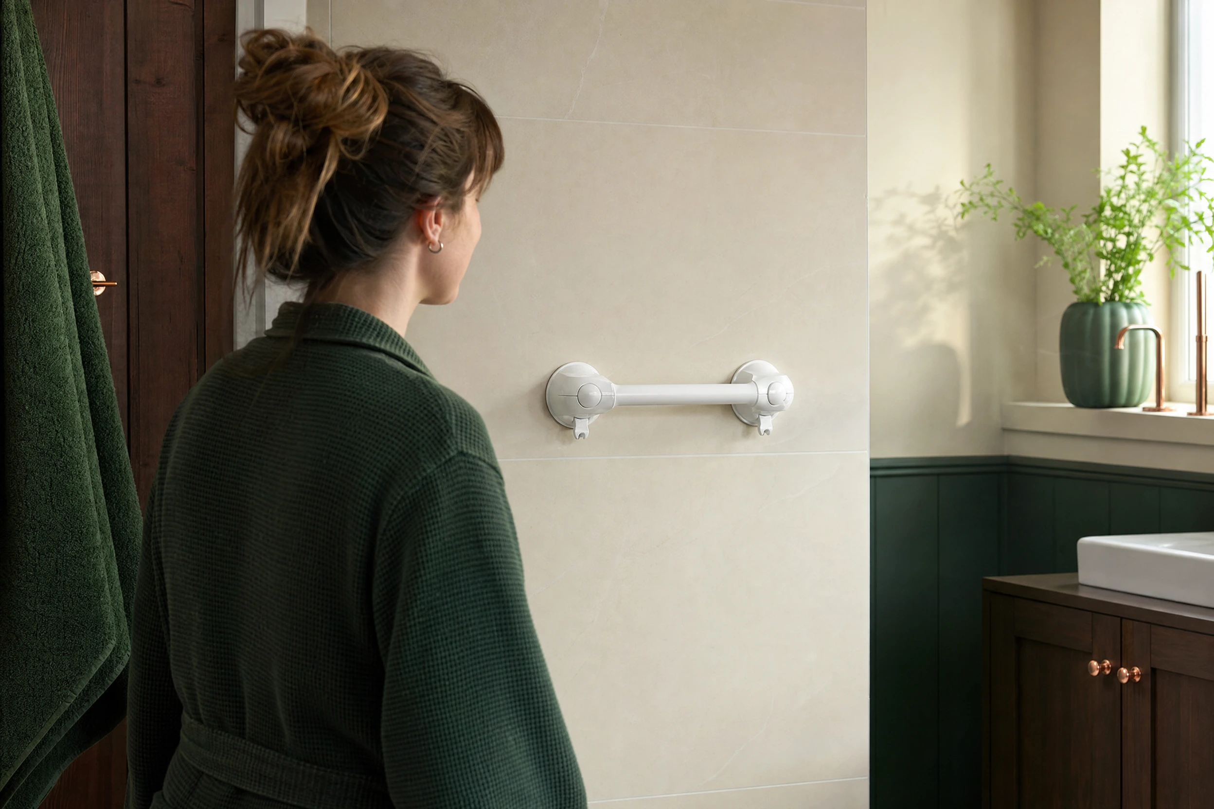Illustrative suction-handle scene on a smooth bathroom surface